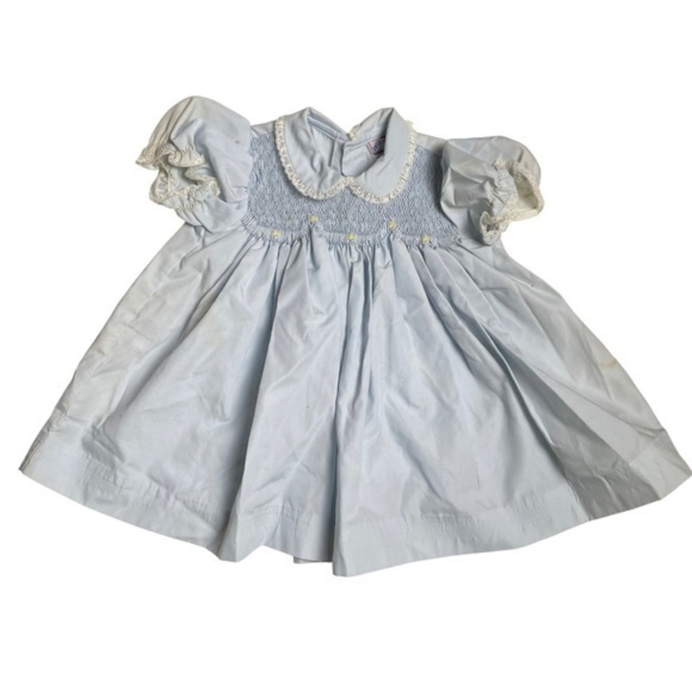 Petit Ami‎ Smocked Dress Vintage Lace Trim Baby Blue 9 Mos
